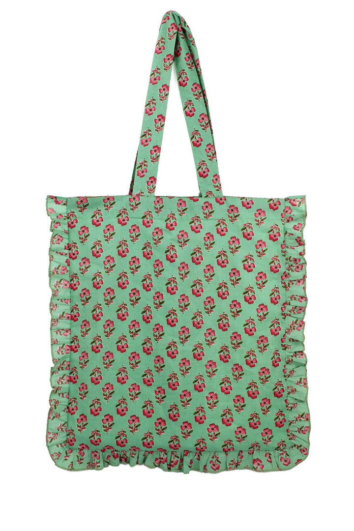 GREEN PRINT FRILL TOTE BAG