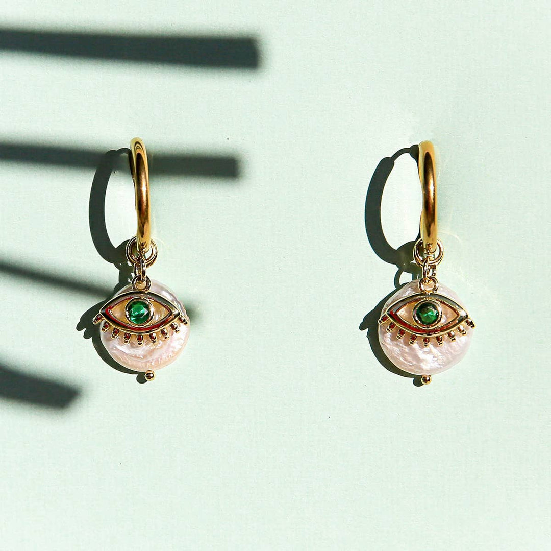 Green Eye Huggie Hoops