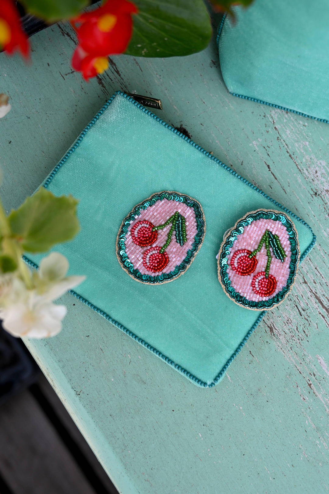TEAL SCALLOP WITH CHERRY SMALL POUCH